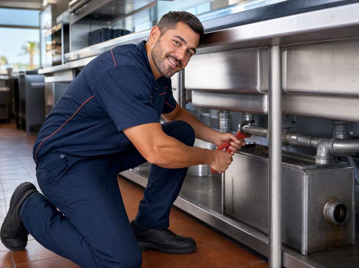 Plumber servicing stainless steel plumbing under a commercial kitchen sink