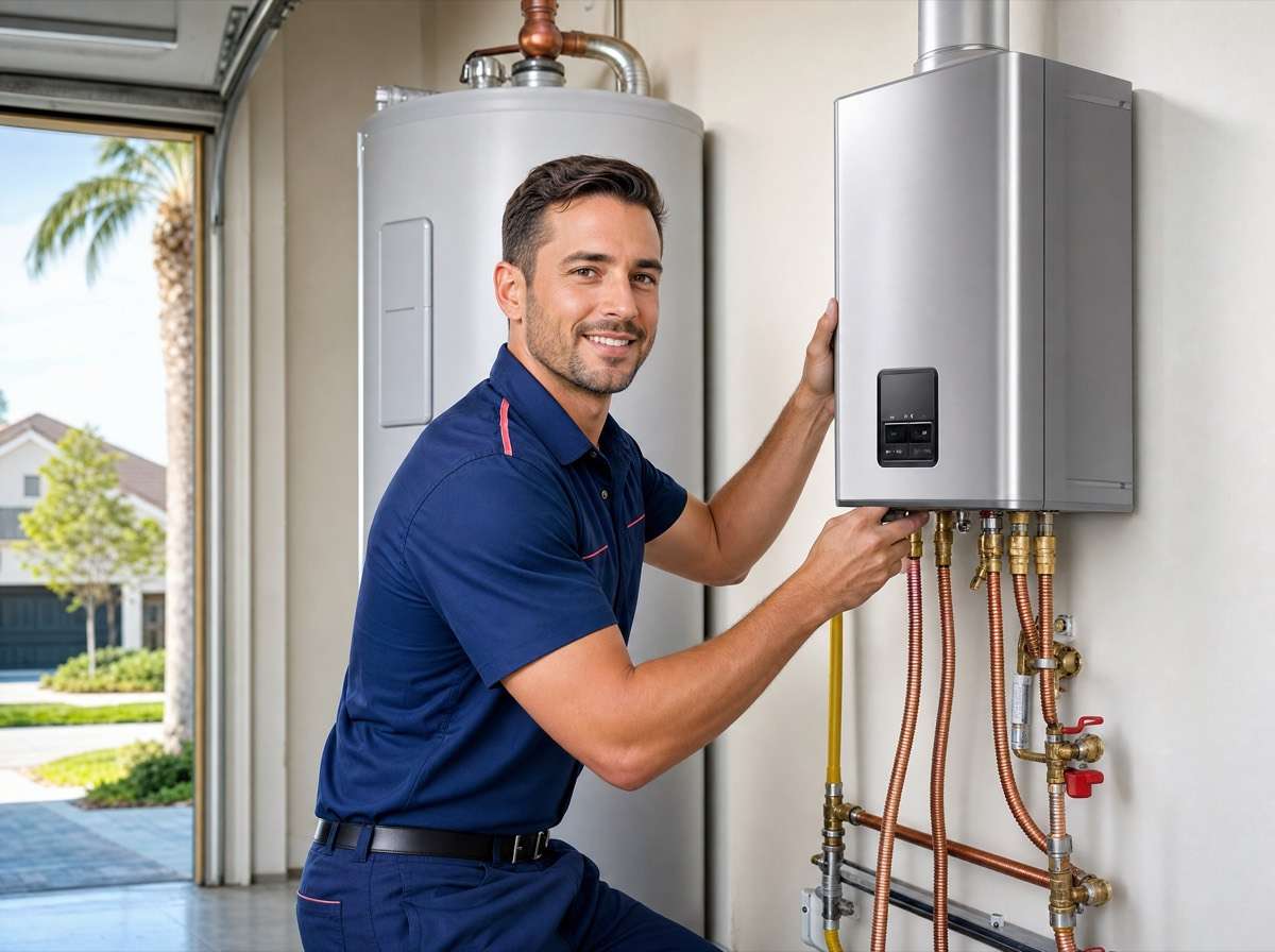 Tankless water heater installation with gas and water connections