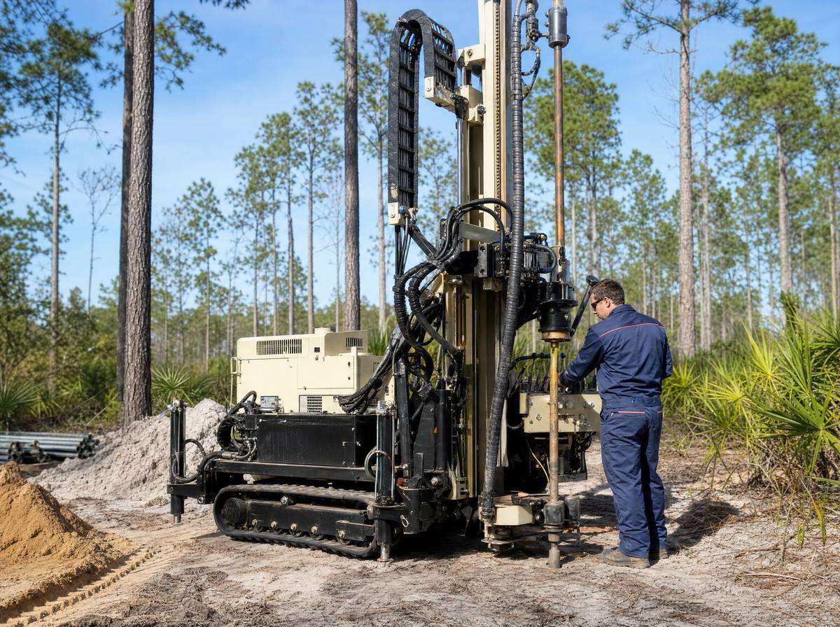 Compact well drilling rig set up on a Jacksonville property